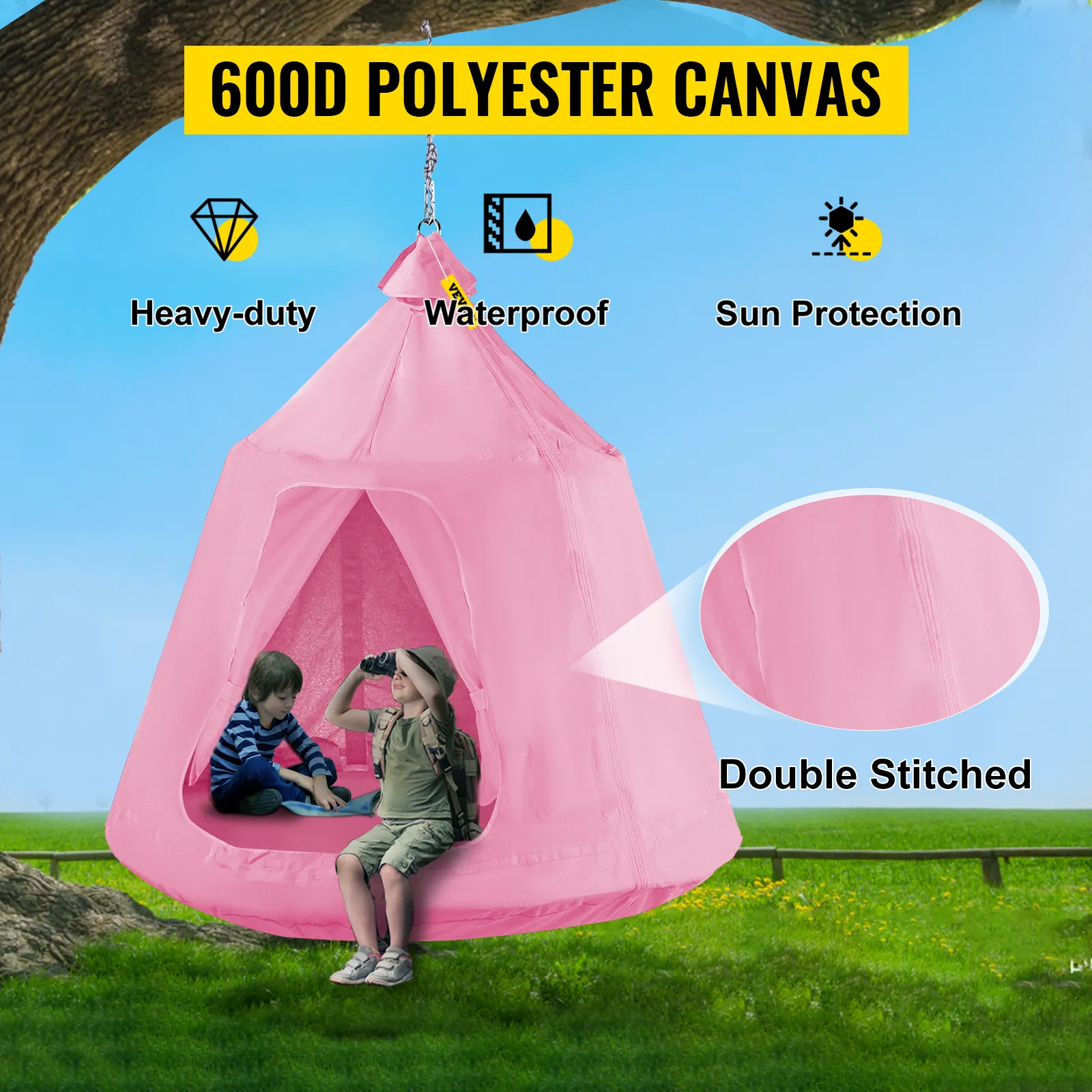 VEVOR hanging tree tent in pink, made from 600d polyester canvas, with heavy-duty design, waterproof and sun protection.