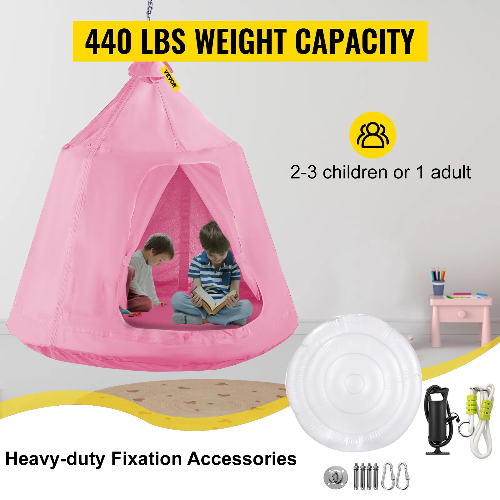 VEVOR hanging tree tent in pink for 2-3 children or 1 adult, 440 lbs weight capacity.