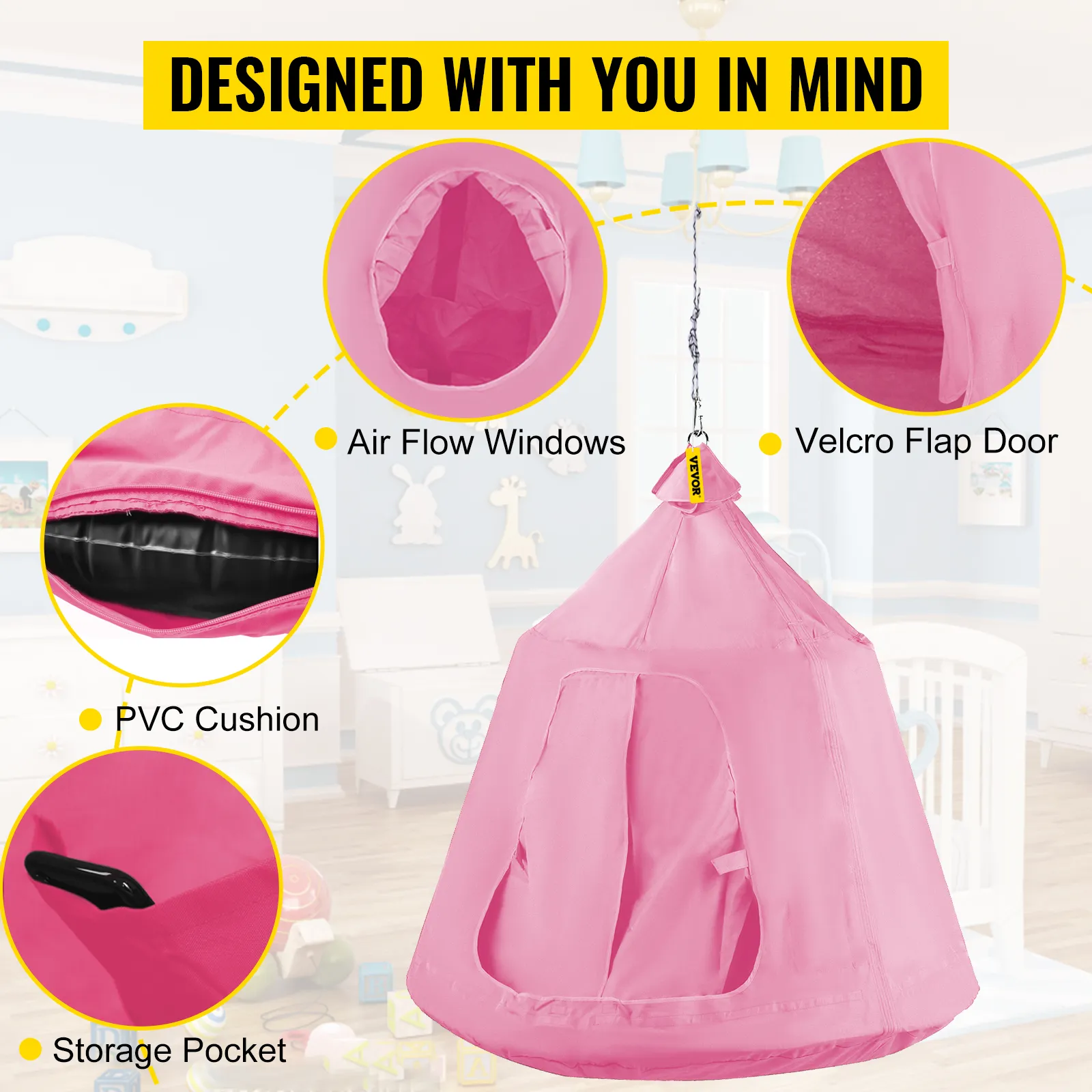 pink VEVOR hanging tree tent with airflow windows, velcro flap door, pvc cushion, and storage pocket.