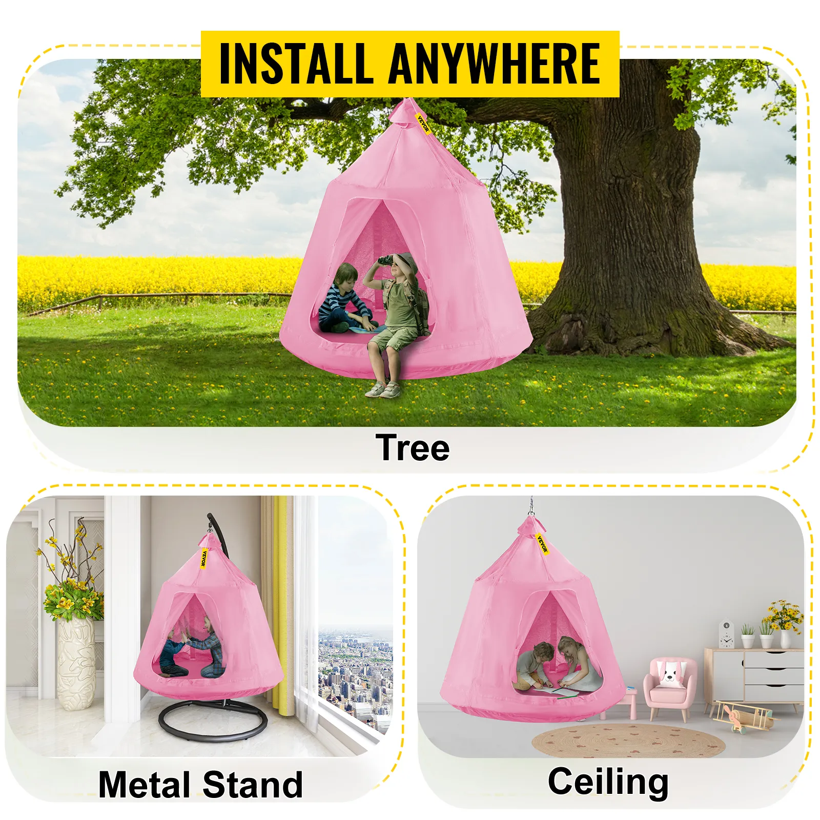 VEVOR hanging tree tent in pink setup options: tree, metal stand, and ceiling. install anywhere.