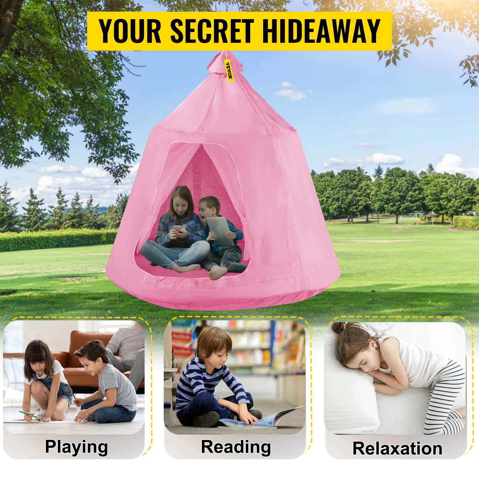 children inside VEVOR hanging tree tent enjoy reading, playing, and relaxing outside.