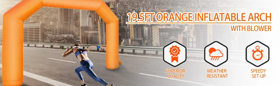 VEVOR inflatable arch, 19.5ft orange, with blower, city background, runner.