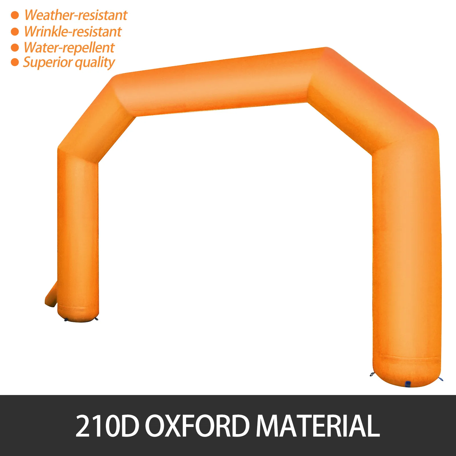 orange VEVOR inflatable arch made of 210d oxford material, weather-resistant and water-repellent.
