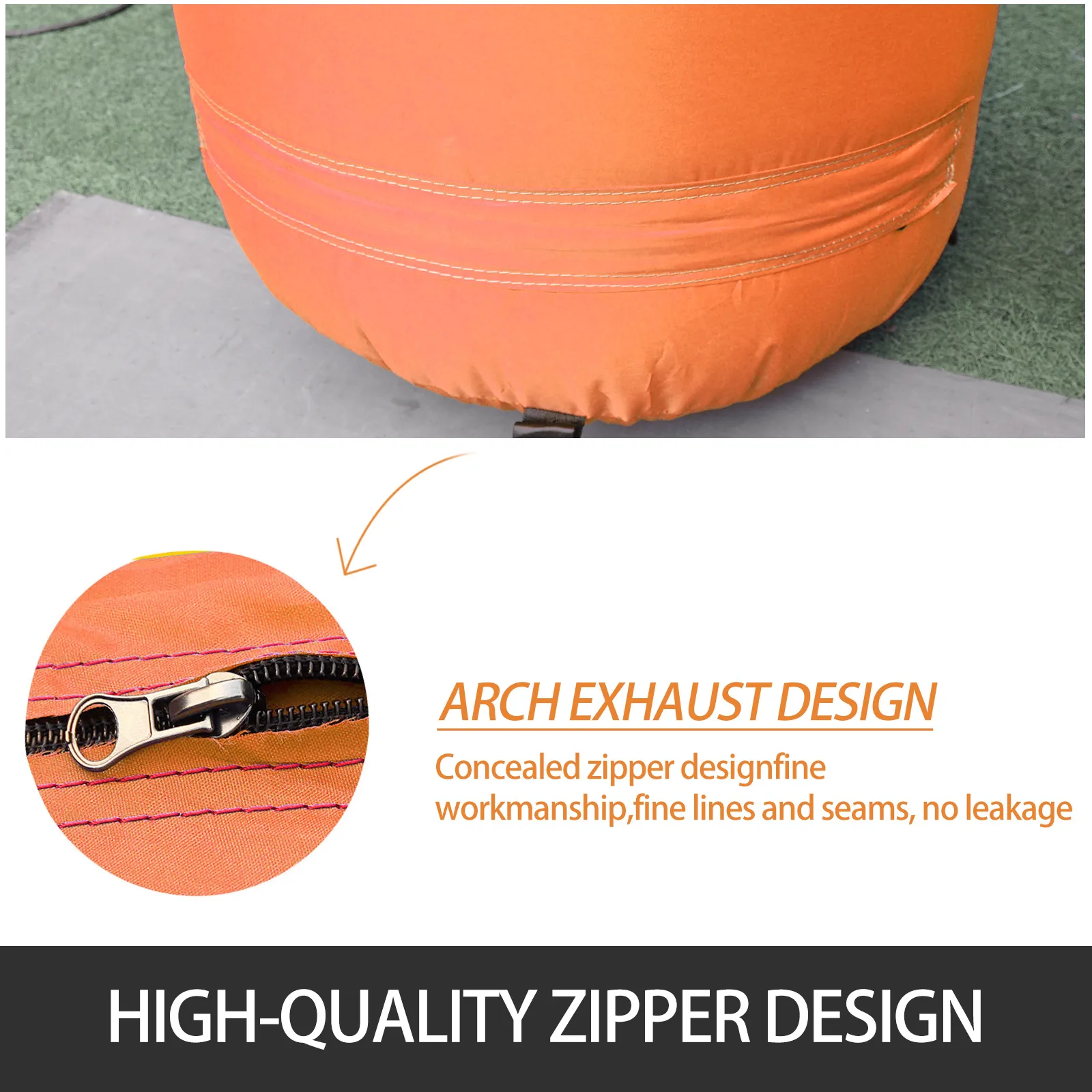 orange inflatable base with concealed zipper and text "arch exhaust design".