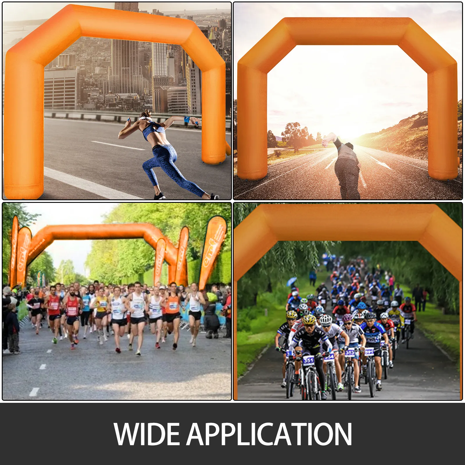 VEVOR inflatable arch displayed at various outdoor events including marathons and biking races.