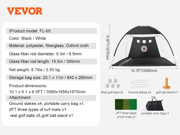 Siatka golfowa VEVOR, czarno-biała, 10,1 x 6,1 stopy, w zestawie kołki, torba transportowa, stojak na piłki i maty trawiaste.