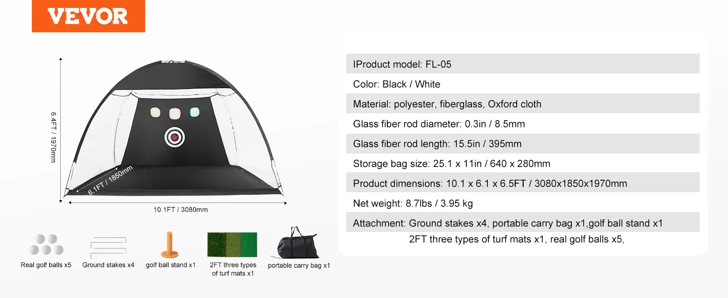 Siatka golfowa VEVOR, czarno-biała, 10,1 x 6,1 stopy, w zestawie kołki, torba transportowa, stojak na piłki i maty trawiaste.