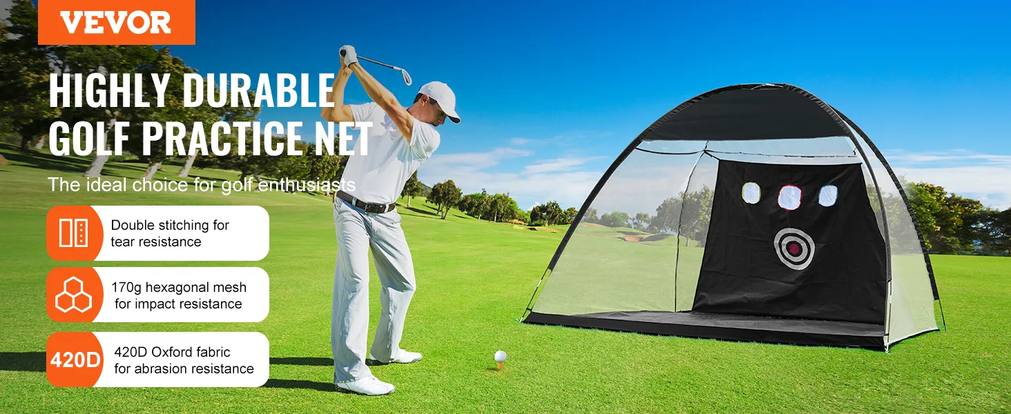niezwykle wytrzymała siatka golfowa VEVOR na pole golfowe charakteryzująca się: odpornością na rozdarcie, odpornością na uderzenia, odpornością na ścieranie.