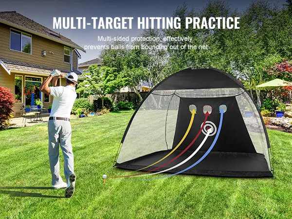 golfista ćwiczący z siatką golfową VEVOR na podwórku, wyposażoną w wielokierunkową konstrukcję i bariery ochronne.