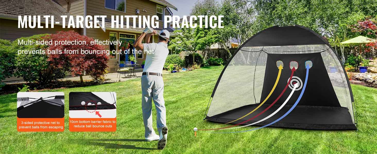 golfista ćwiczący z siatką golfową VEVOR na podwórku, wyposażoną w wielokierunkową konstrukcję i bariery ochronne.