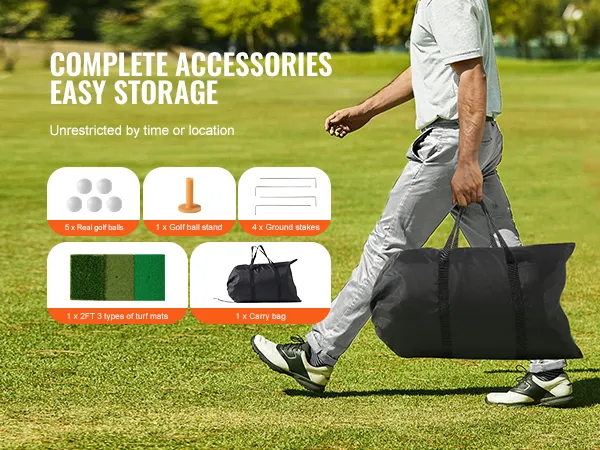 osoba niosąca torbę na polu golfowym z siatką golfową VEVOR, w tym piłkami i matami trawiastymi.