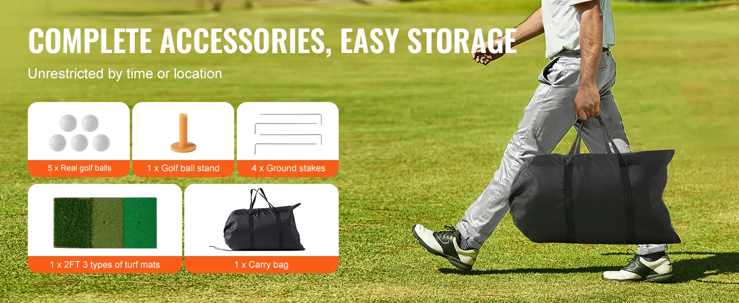 osoba niosąca torbę na polu golfowym z siatką golfową VEVOR, w tym piłkami i matami trawiastymi.