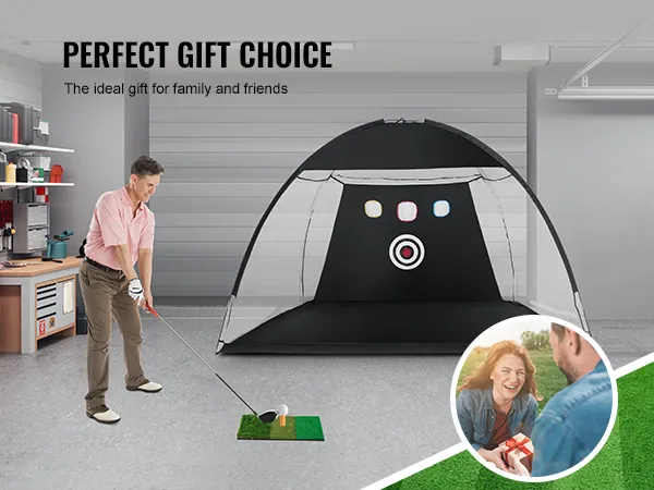 ćwiczenie golfa z siatką golfową VEVOR w garażu, oznaczone jako „doskonały wybór na prezent” dla rodziny i przyjaciół.