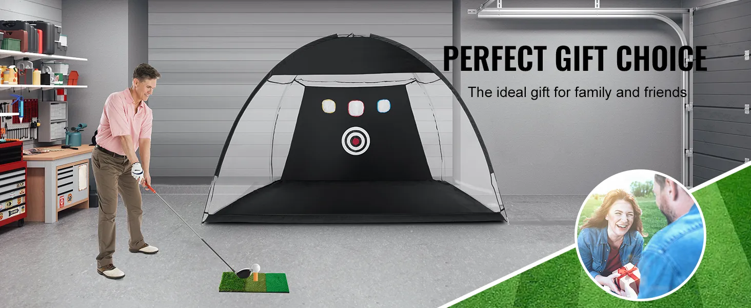 ćwiczenie golfa z siatką golfową VEVOR w garażu, oznaczone jako „doskonały wybór na prezent” dla rodziny i przyjaciół.