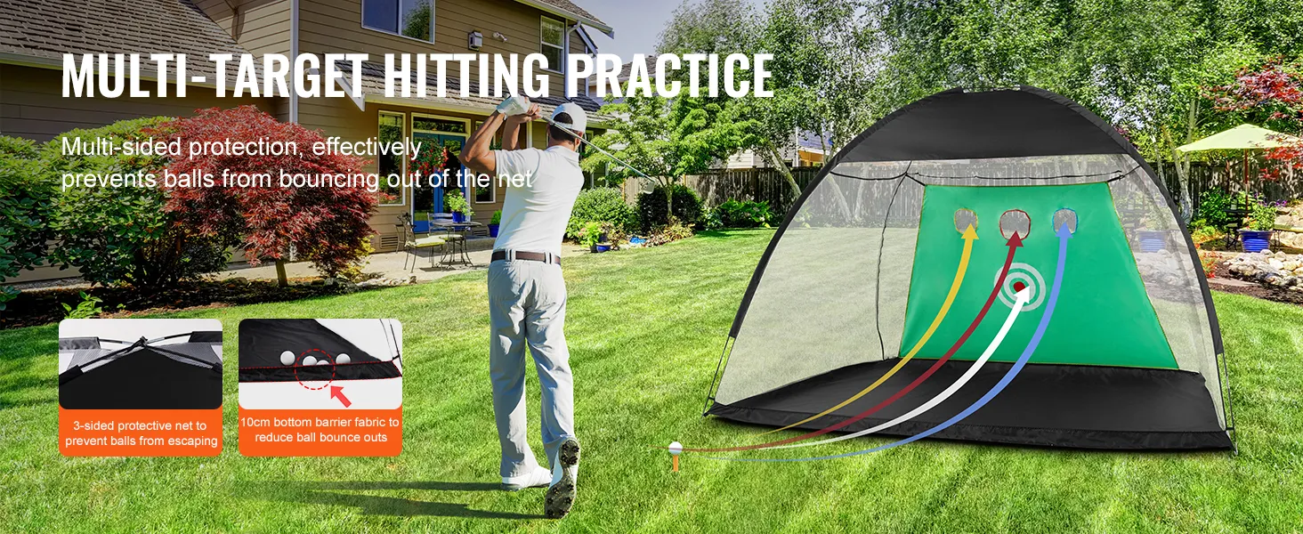 golfer practicing with VEVOR golf practice net in backyard, showcasing multi-target and protective net features.