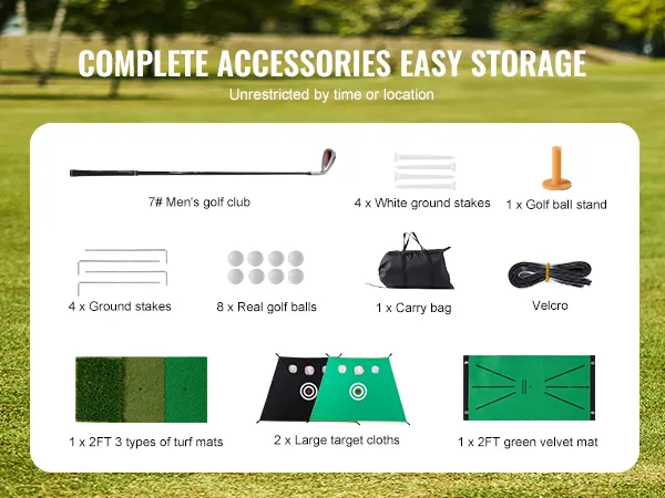 complete VEVOR golf practice net set with easy storage, including accessories and carry bag on a golf course.