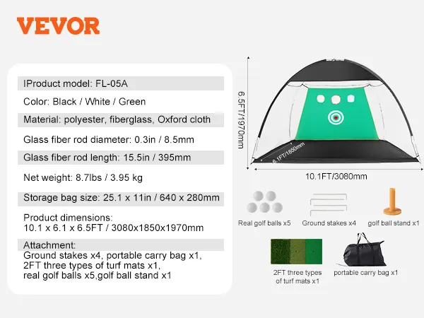 Siatka do ćwiczeń golfowych VEVOR, 10,1 x 6,1 stopy, ze śledziami mocującymi, stojakiem na piłki golfowe, matami z trawy i torbą transportową.