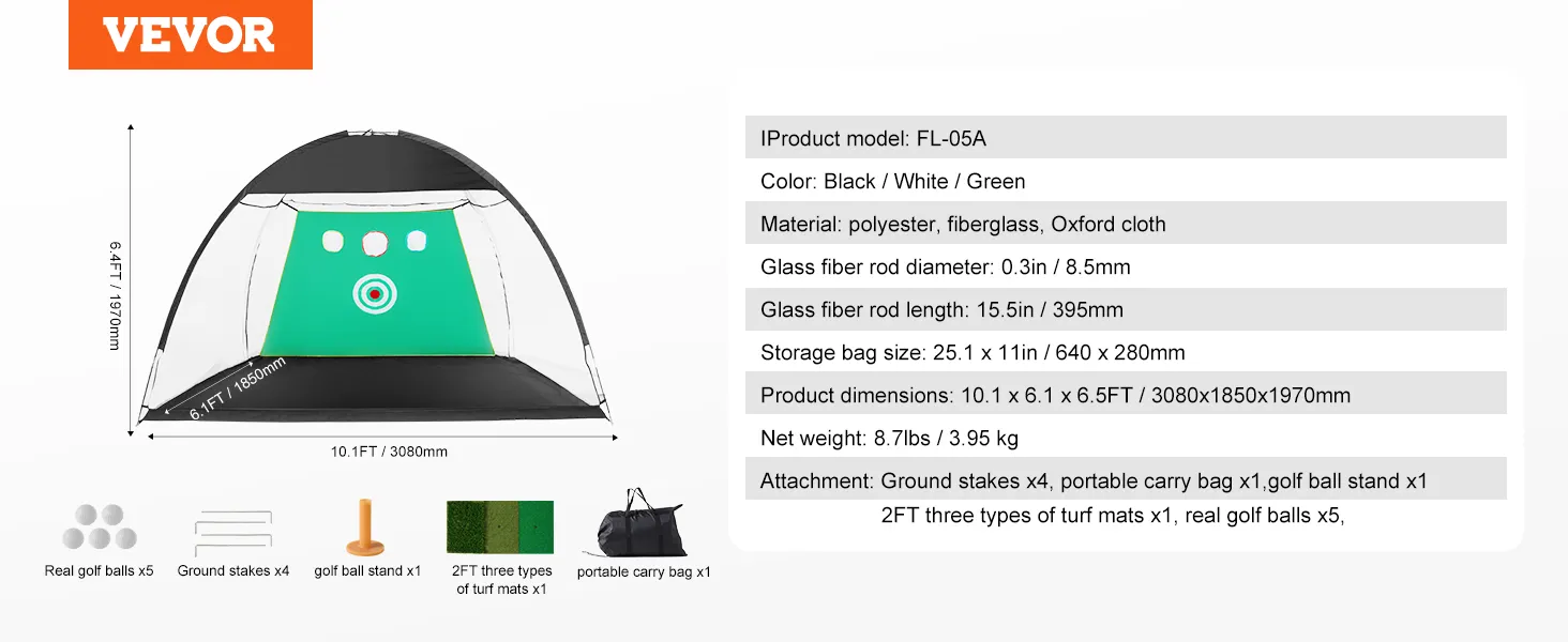 Siatka do ćwiczeń golfowych VEVOR, 10,1 x 6,1 stopy, ze śledziami mocującymi, stojakiem na piłki golfowe, matami z trawy i torbą transportową.