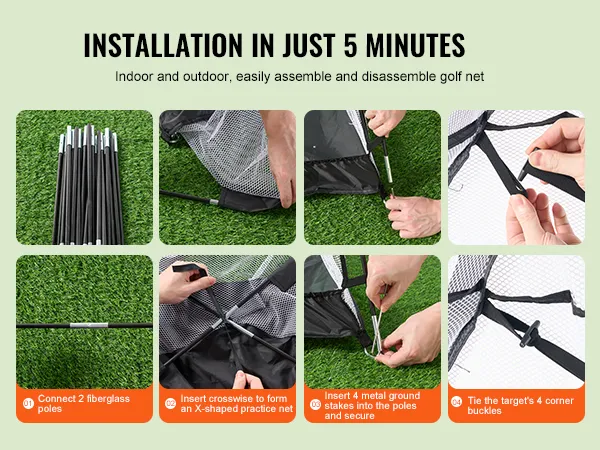 Montaż siatki do ćwiczeń golfowych VEVOR zajmuje 5 minut: połącz słupki, uformuj kształt litery X, wbij kołki, zawiąż klamry.