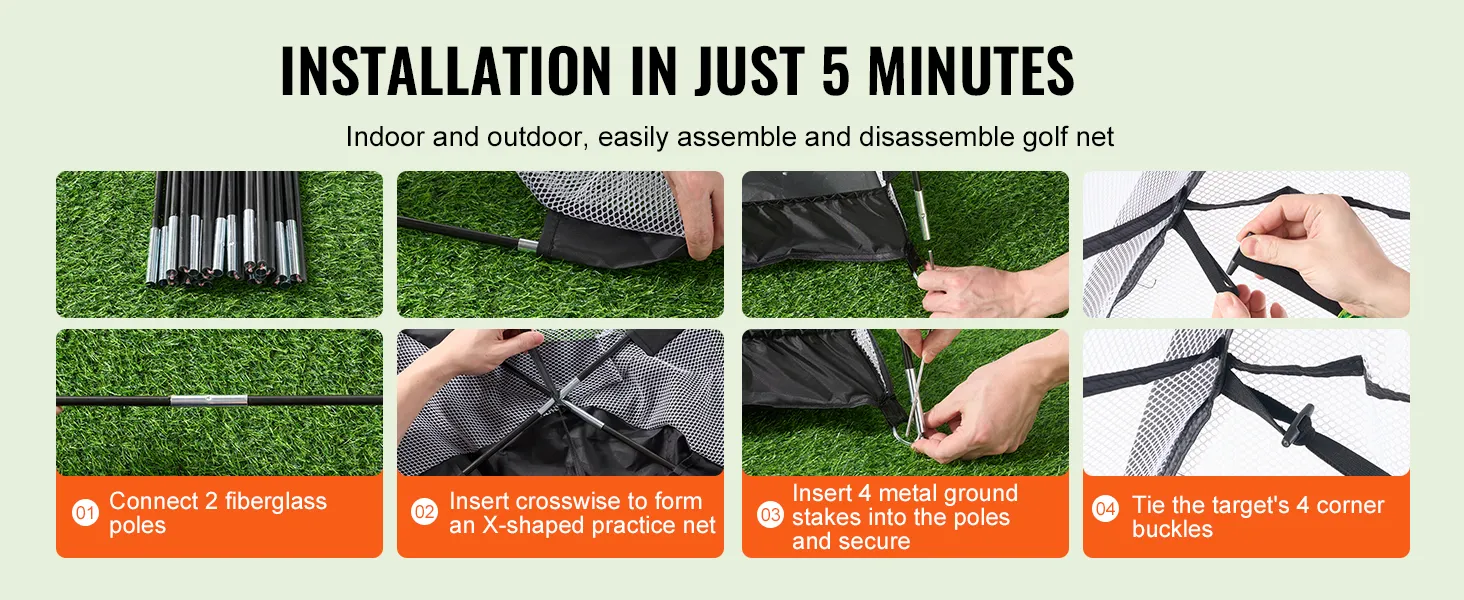Montaż siatki do ćwiczeń golfowych VEVOR zajmuje 5 minut: połącz słupki, uformuj kształt litery X, wbij kołki, zawiąż klamry.