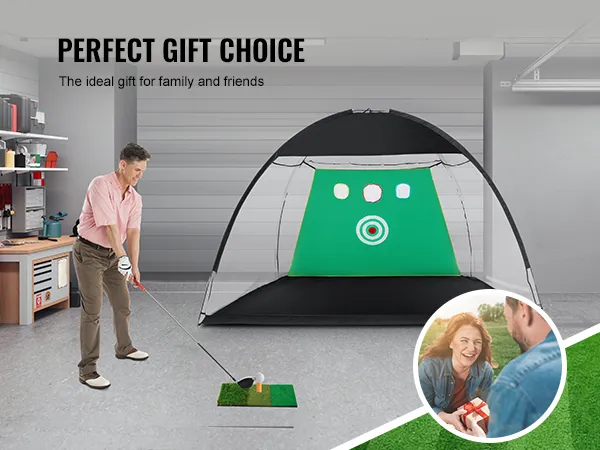 mężczyzna ćwiczy golfa z siatką do ćwiczeń golfowych VEVOR w garażu. tekst brzmi: „doskonały wybór prezentu dla rodziny i przyjaciół”.