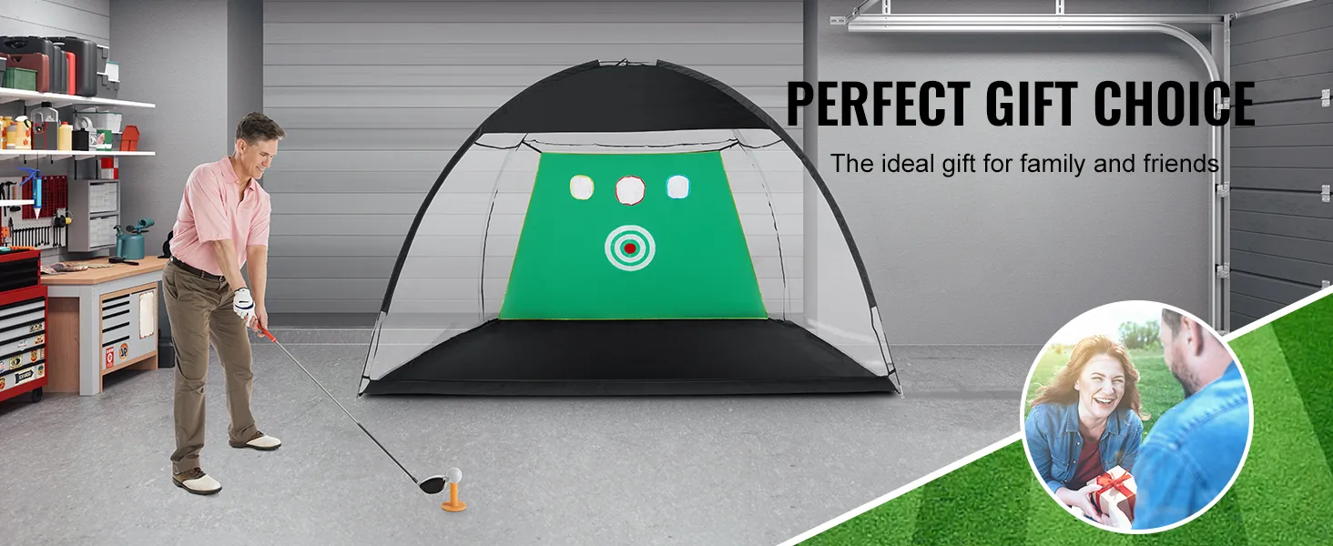 mężczyzna ćwiczy golfa z siatką do ćwiczeń golfowych VEVOR w garażu. tekst brzmi: „doskonały wybór prezentu dla rodziny i przyjaciół”.