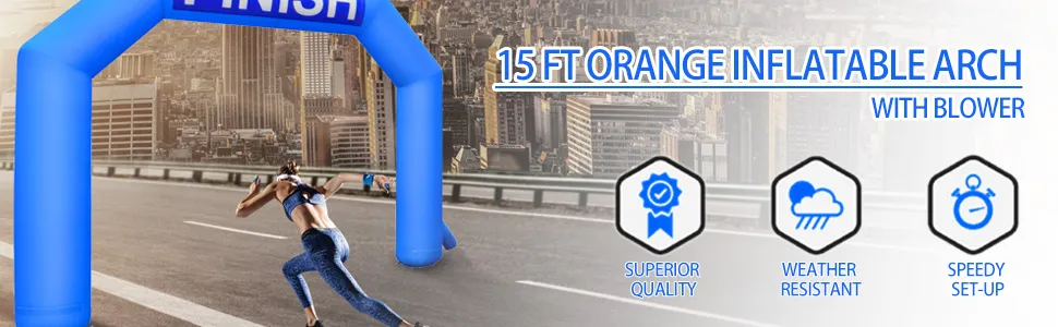 VEVOR inflatable arch at a city marathon finish line with quality, weather resistance, setup icons.
