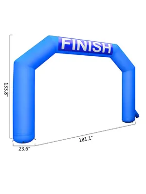 blue VEVOR inflatable arch with "finish" text, dimensions 23.6×181.1×133.8 inches.