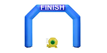 blue VEVOR inflatable arch with "finish" text and yellow blower in front.