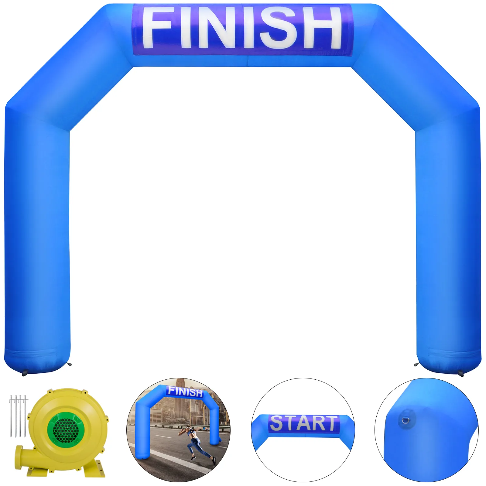 VEVOR inflatable arch, blue with a "finish" sign, blower, stakes, and event photo.