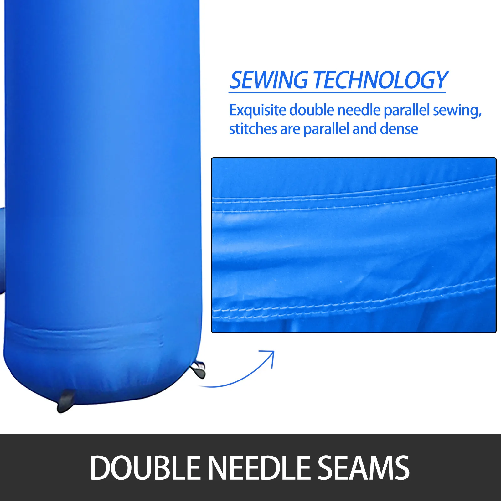 blue VEVOR inflatable arch with double needle seams showcasing sewing technology.