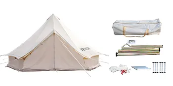 VEVOR glamping bell tent met accessoires zoals stokken, touwen en opbergtas.