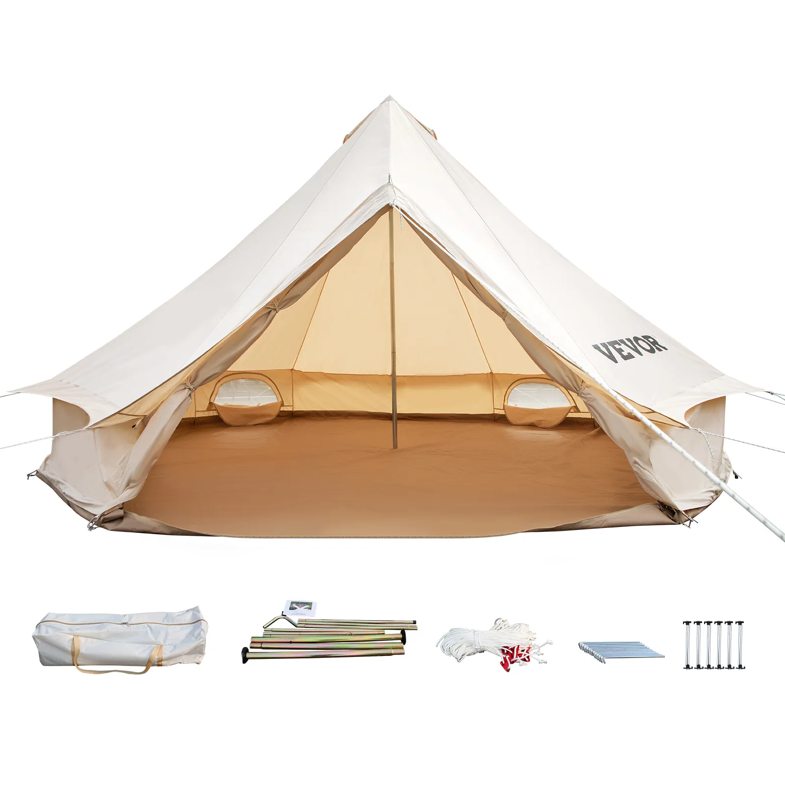 VEVOR glamping tent met accessoires zoals haringen, stokken, touwen en een draagtas.