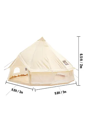 VEVOR glamping bell tent met afmetingen: 3 x 3 meter basis, 2 meter hoogte.