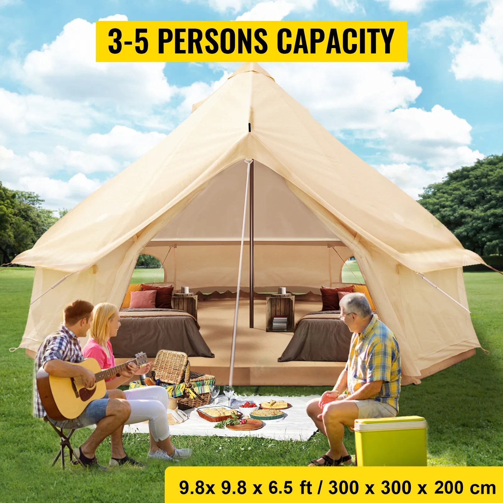 VEVOR glamping bell tent-opstelling, picknick en personen, met een capaciteit van 3-5 personen in het park.