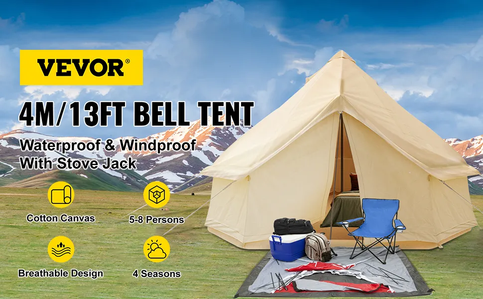 VEVOR glamping bell tent 4m/13ft, waterproof, windproof, cotton canvas for 5-8 people.
