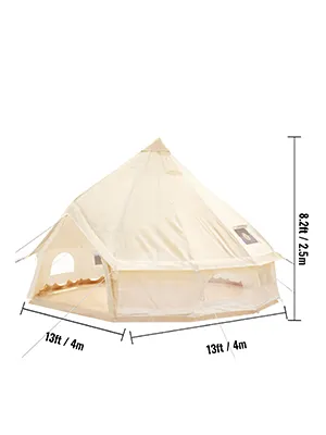 VEVOR glamping bell tent measuring 13ft x 13ft x 8.2ft with ventilation windows.