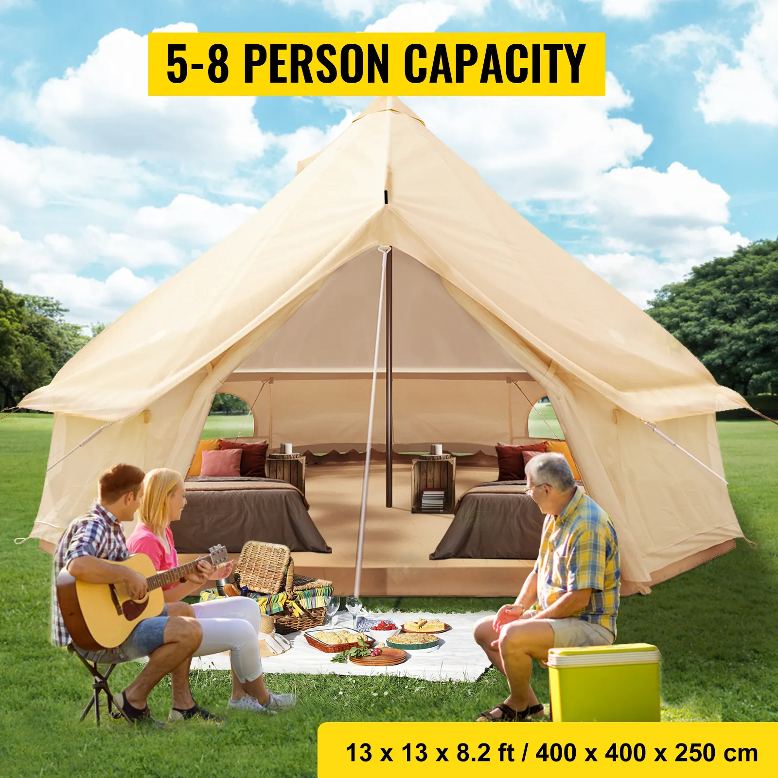 VEVOR glamping bell tent with picnic setup for 5-8 people in a grassy park.