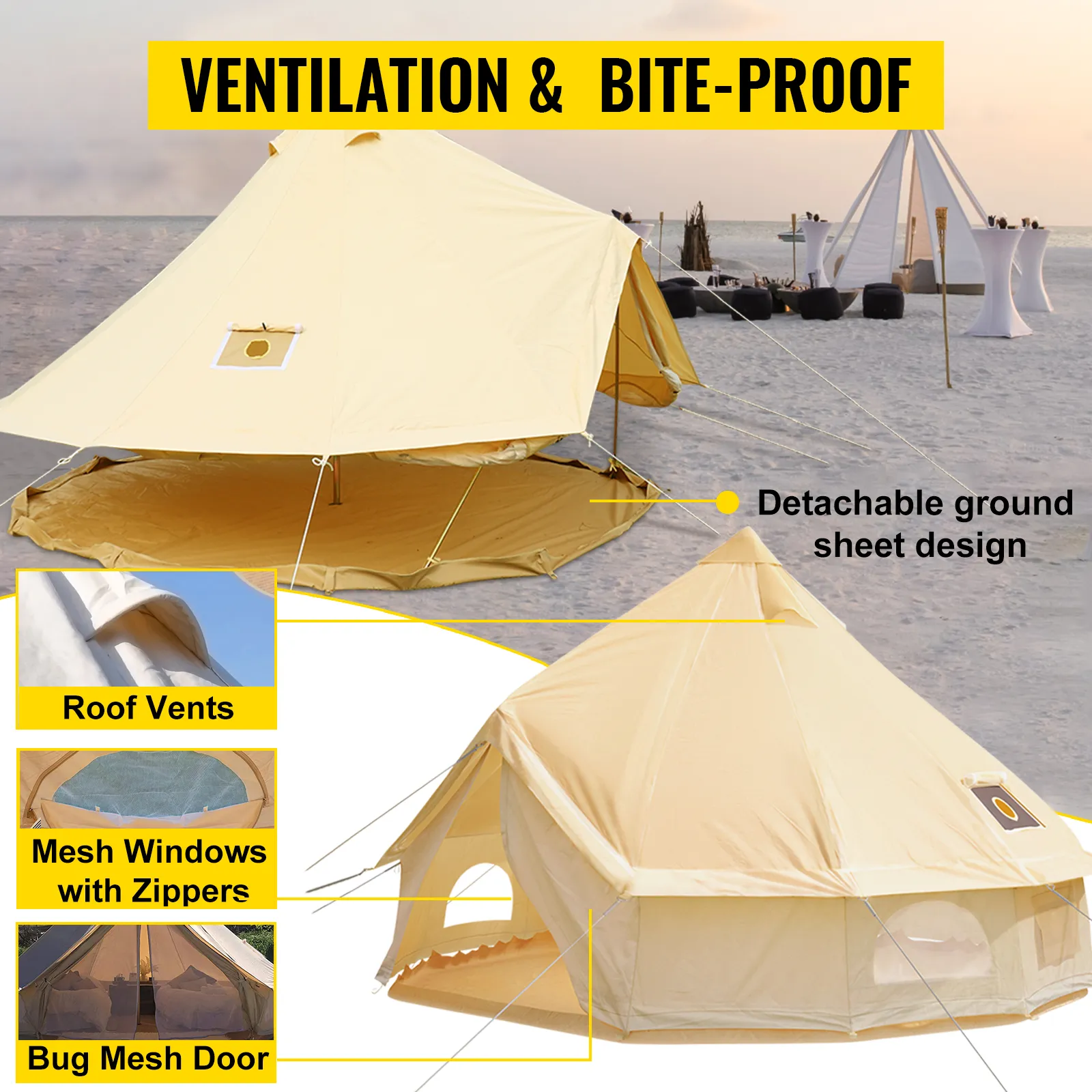VEVOR glamping bell tent with ventilation roof vents and bug mesh door.