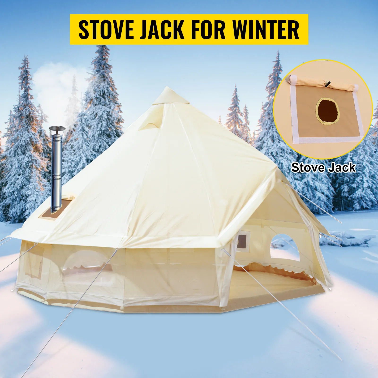 VEVOR glamping bell tent with stove jack for winter in snowy forest.