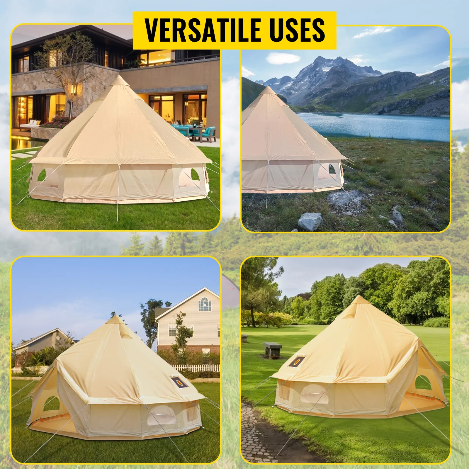 VEVOR glamping bell tent in different outdoor settings: backyard, lake, and meadow.