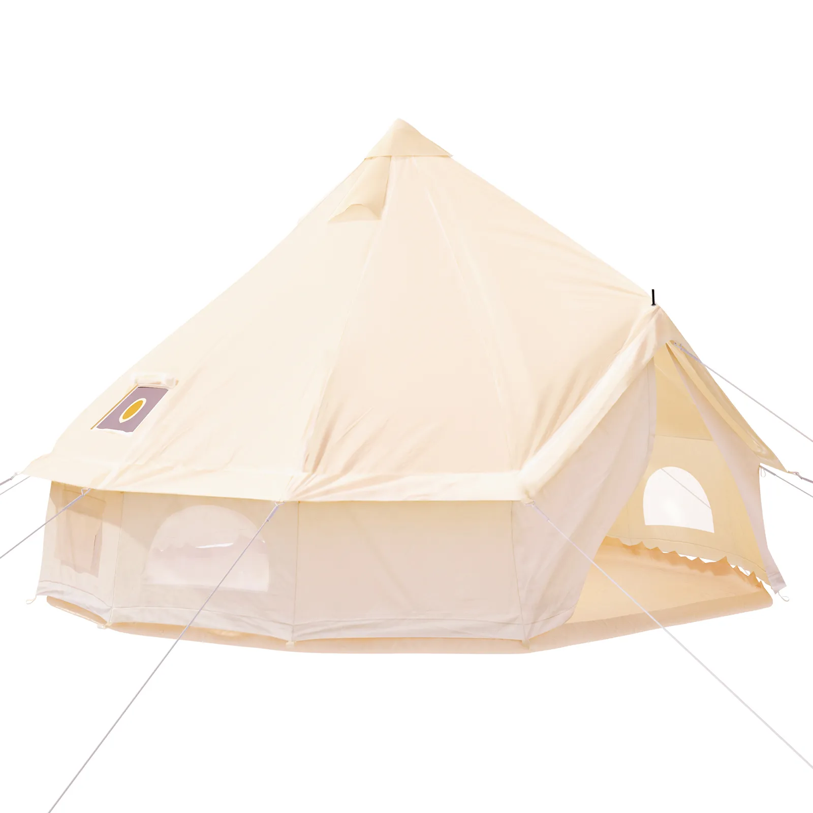 VEVOR glamping bell tent in beige with side windows and a peaked roof.
