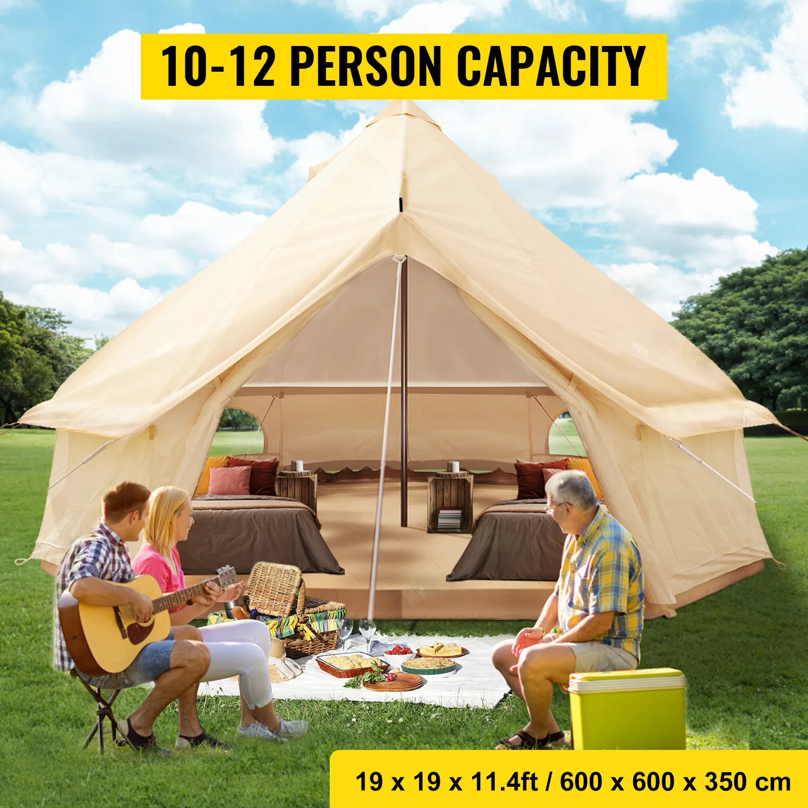 VEVOR glamping bell tent for 10-12, picnic, and guitar on a sunny day in the park.