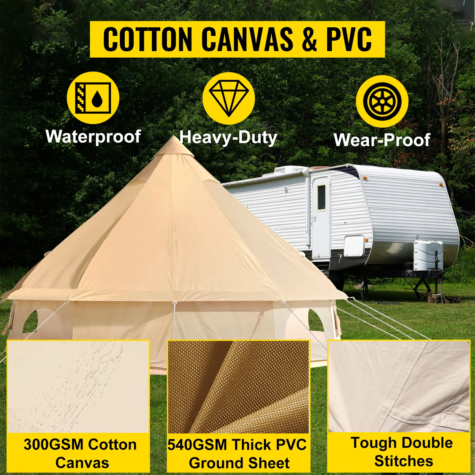 VEVOR glamping bell tent with cotton canvas and pvc, near a trailer in a lush field.
