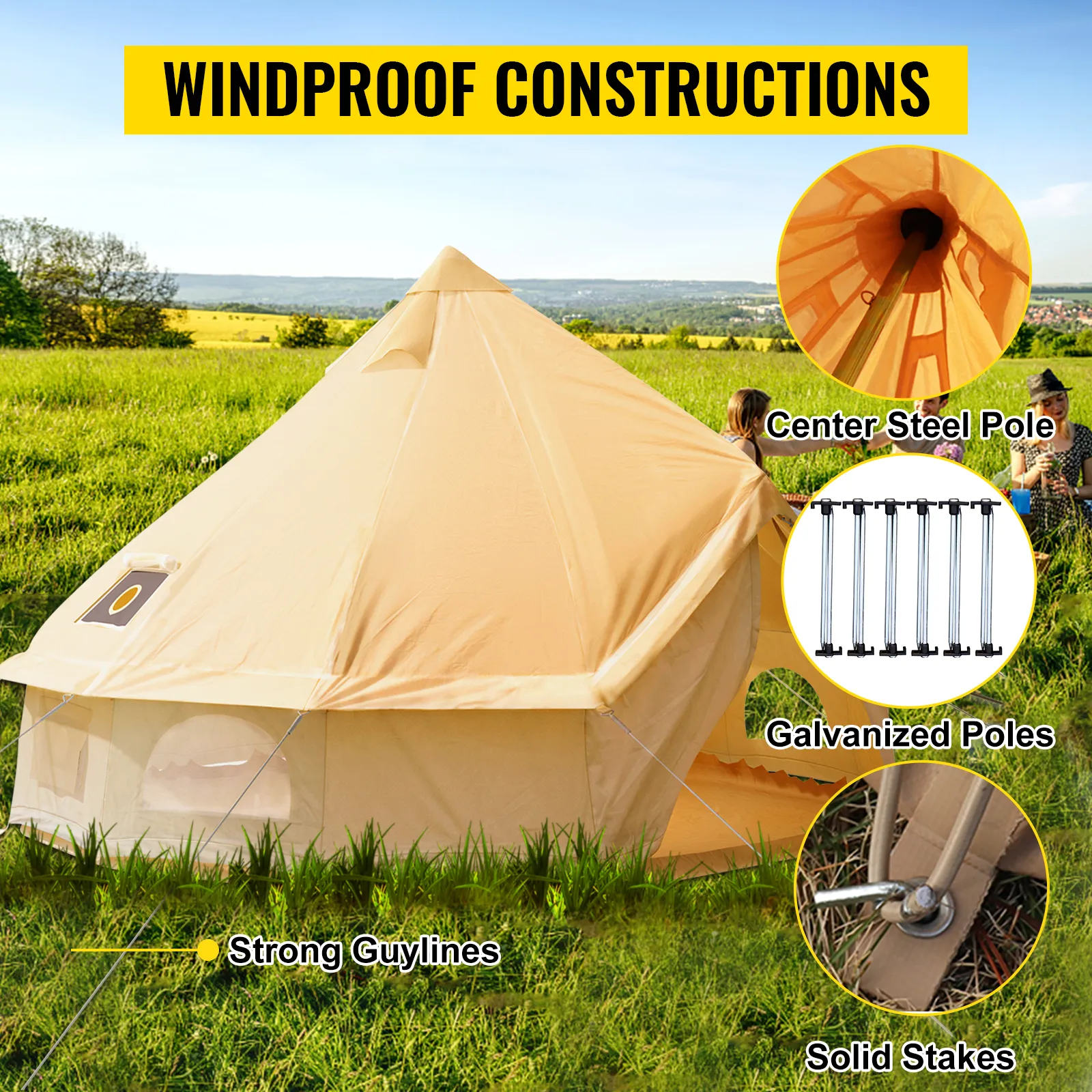 VEVOR glamping bell tent in a field, windproof with strong guylines, steel pole, and stakes.