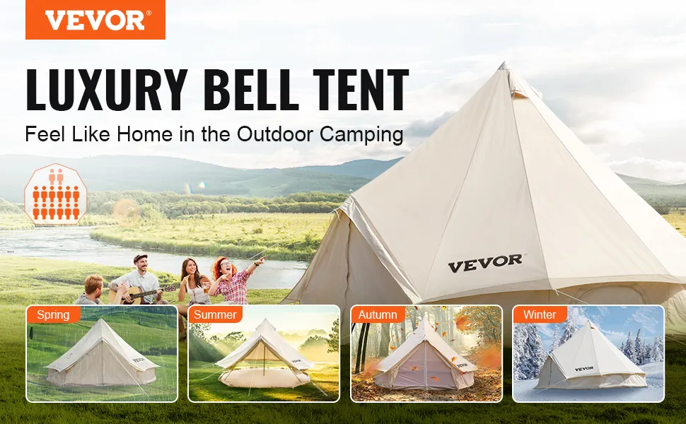 VEVOR glamping bell tent in various seasons with people relaxing outdoors.