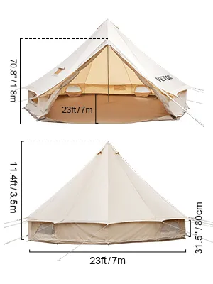 VEVOR glamping bell tent with dimensions: 23ft diameter, 11.4ft height, front entrance.