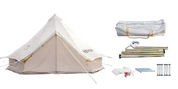 VEVOR glamping bell tent with carry bag, poles, stakes, and assembly kit.