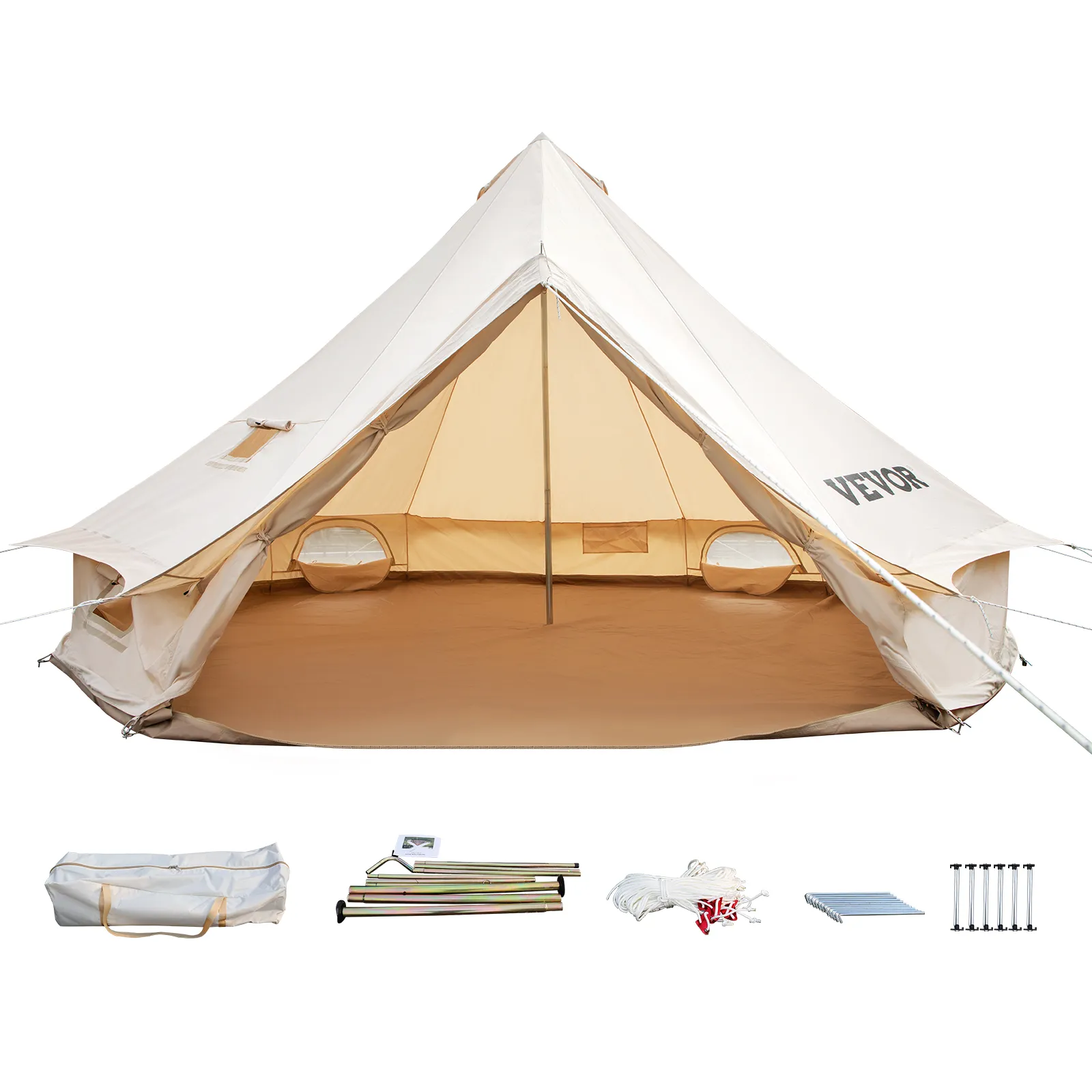 VEVOR glamping bell tent with accessories and spacious interior view.