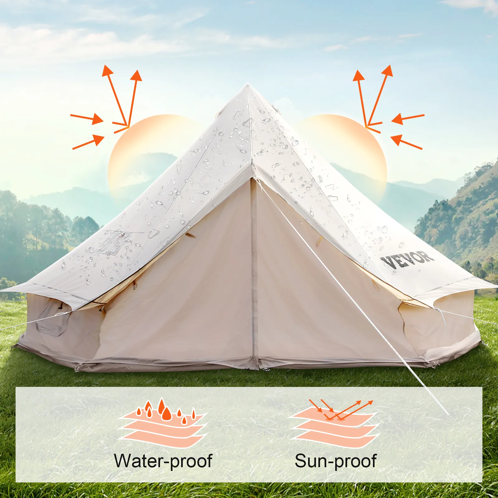 VEVOR glamping bell tent with waterproof and sun-proof features in a scenic field.